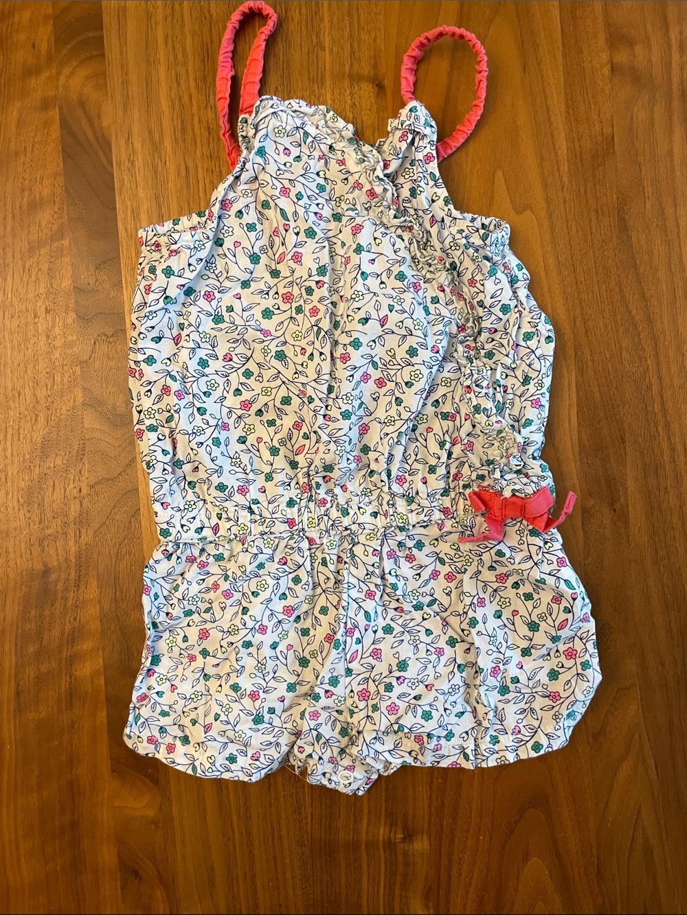 Girls White Floral Romper with Pink Trim